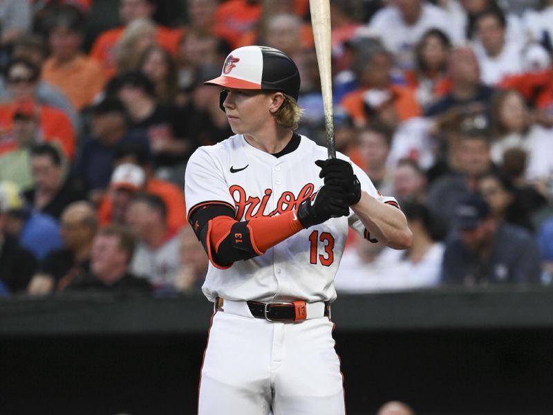 May 1, 2024; Baltimore, Maryland, USA;  Baltimore Orioles outfielder Heston Kjerstad (13) stands at bat during the third inning against the New York Yankees at Oriole Park at Camden Yards. Mandatory Credit: Tommy Gilligan-USA TODAY Sports