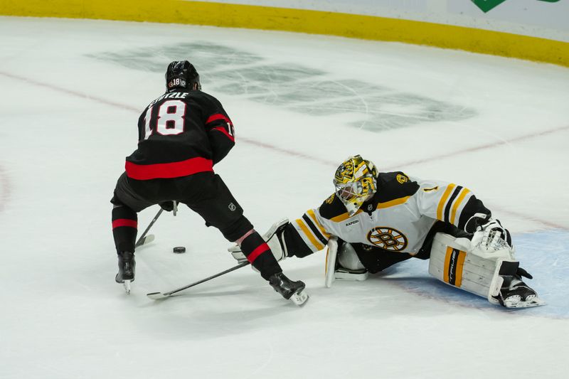 Jan 18, 2025; Ottawa, Ontario, CAN; Ottawa Senators center Tim Stutzle (18) moves the puck past Boston Bruins goalie Jeremy Swayman (1) to score in a shootout at the Canadian Tire Centre. Mandatory Credit: Marc DesRosiers-Imagn Images