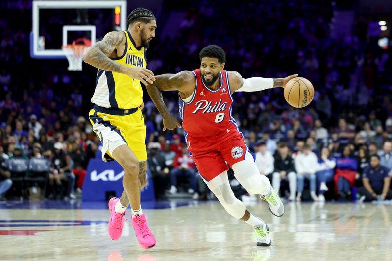 PHILADELPHIA, PENNSYLVANIA - DECEMBER 13: Paul George #8 of the Philadelphia 76ers drives against Obi Toppin #1 of the Indiana Pacers during the second half at the Wells Fargo Center on December 13, 2024 in Philadelphia, Pennsylvania. NOTE TO USER: User expressly acknowledges and agrees that, by downloading and or using this photograph, User is consenting to the terms and conditions of the Getty Images License Agreement. (Photo by Emilee Chinn/Getty Images)