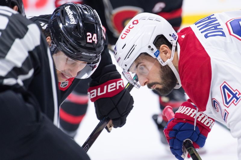 Jan 17, 2026; Ottawa, Ontario, CAN; Ottawa Senators center Dylan Cozens (24) faces off against Montreal Canadiens center Phillip Danault (24) in the first period at the Canadian Tire Centre. Mandatory Credit: Marc DesRosiers-IMAGN Images