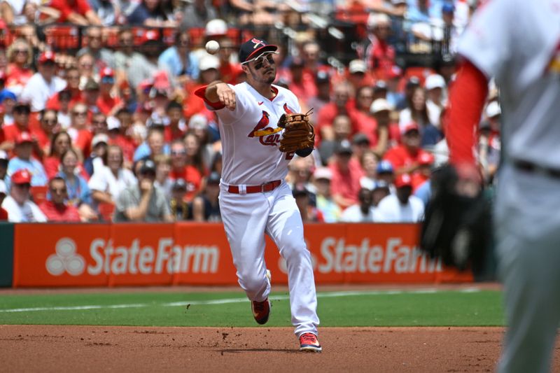 Jul 2, 2023; St. Louis, Missouri, USA; St. Louis Cardinals third baseman Nolan Arenado (28) throws to first for an out against the New York Yankees in the first inning at Busch Stadium. Mandatory Credit: Joe Puetz-USA TODAY Sports