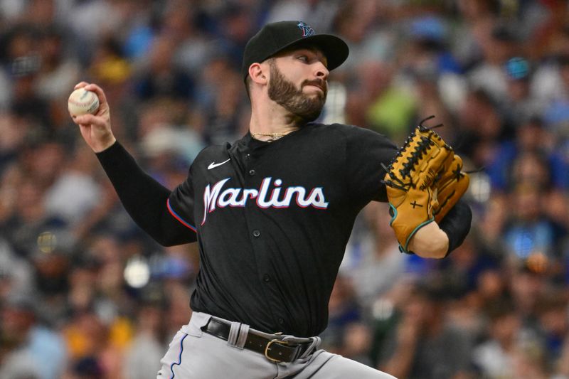 Jul 28, 2024; Milwaukee, Wisconsin, USA;  Miami Marlins pitcher Kyle Tyler (73) pitches in the first inning against the Milwaukee Brewers at American Family Field. Mandatory Credit: Benny Sieu-USA TODAY Sports