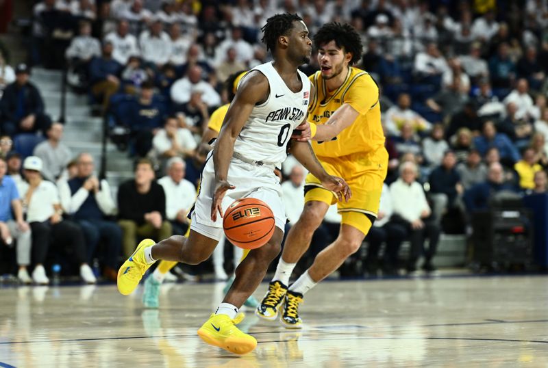 Jan 7, 2024; Philadelphia, Pennsylvania, USA; Penn State Nittany Lions guard Kanye Clary (0) controls the ball against Michigan Wolverines forward Olivier Nkamhoua (13) in the second half at The Palestra. Mandatory Credit: Kyle Ross-USA TODAY Sports