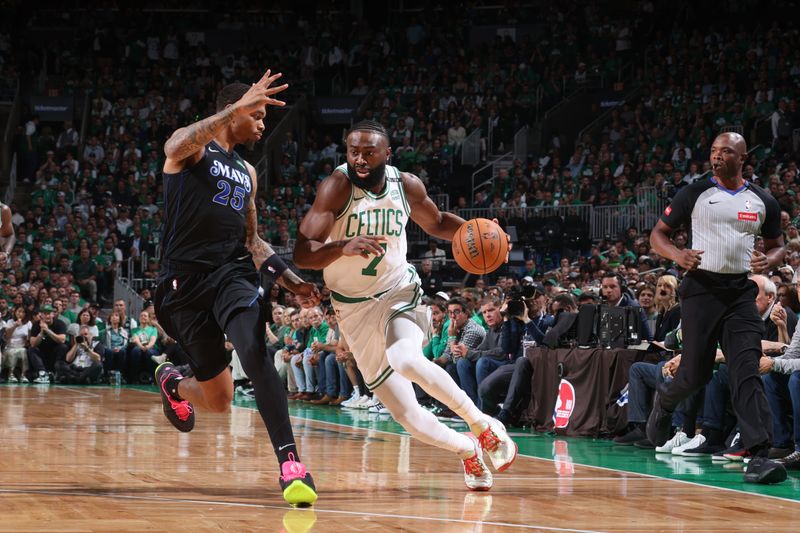 BOSTON, MA - JUNE 6: Jaylen Brown #7 of the Boston Celtics drives to the basket during the game against the Dallas Mavericks during Game 1 of the 2024 NBA Finals on June 6, 2024 at the TD Garden in Boston, Massachusetts. NOTE TO USER: User expressly acknowledges and agrees that, by downloading and or using this photograph, User is consenting to the terms and conditions of the Getty Images License Agreement. Mandatory Copyright Notice: Copyright 2024 NBAE  (Photo by Nathaniel S. Butler/NBAE via Getty Images)