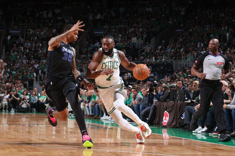 BOSTON, MA - JUNE 6: Jaylen Brown #7 of the Boston Celtics drives to the basket during the game against the Dallas Mavericks during Game 1 of the 2024 NBA Finals on June 6, 2024 at the TD Garden in Boston, Massachusetts. NOTE TO USER: User expressly acknowledges and agrees that, by downloading and or using this photograph, User is consenting to the terms and conditions of the Getty Images License Agreement. Mandatory Copyright Notice: Copyright 2024 NBAE  (Photo by Nathaniel S. Butler/NBAE via Getty Images)