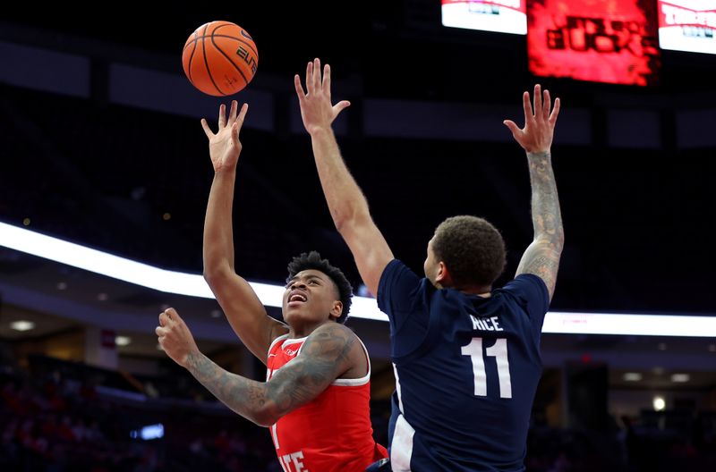 Jan 26, 2026; Columbus, Ohio, USA; Ohio State Buckeyes forward Amare Bynum (1) shoots the ball as Penn State Nittany Lions guard Eli Rice (11) defends during the second half at Value City Arena. Mandatory Credit: Joseph Maiorana-Imagn Images