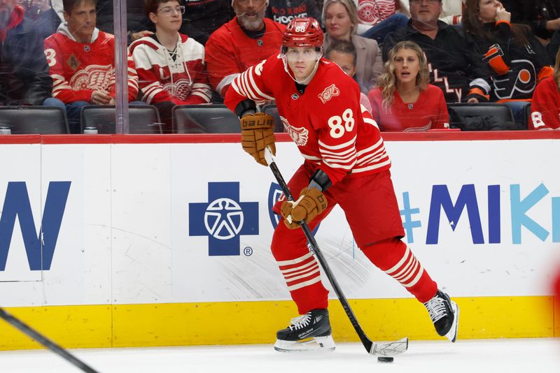 Mar 28, 2026; Detroit, Michigan, USA;  Detroit Red Wings right wing Patrick Kane (88) skates with the puck in the second period against the Philadelphia Flyers at Little Caesars Arena. Mandatory Credit: Rick Osentoski-Imagn Images