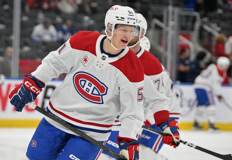 Sep 26, 2024; Toronto, Ontario, CAN;  Montreal Canadiens forward Emil Heineman (51) warms up before playing the Toronto Maple Leafs at Scotiabank Arena. Mandatory Credit: Dan Hamilton-Imagn Images