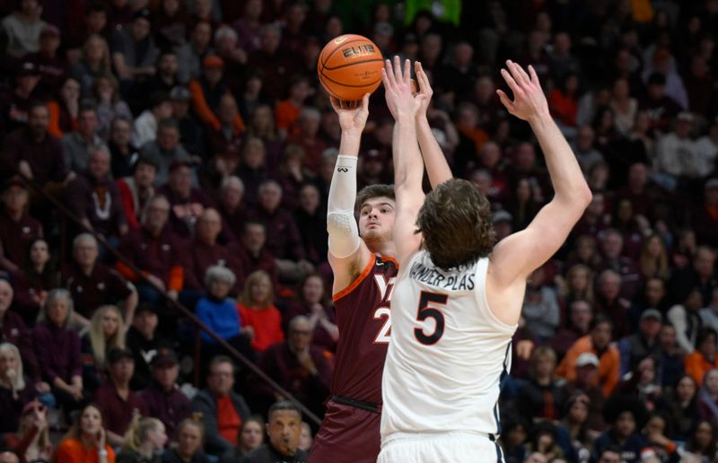 Feb 4, 2023; Blacksburg, Virginia, USA; Virginia Tech Hokies forward Grant Basile (21) shoots over Virginia Cavaliers forward Ben Vander Plas (5) in the second half at Cassell Coliseum. Mandatory Credit: Lee Luther Jr.-USA TODAY Sports