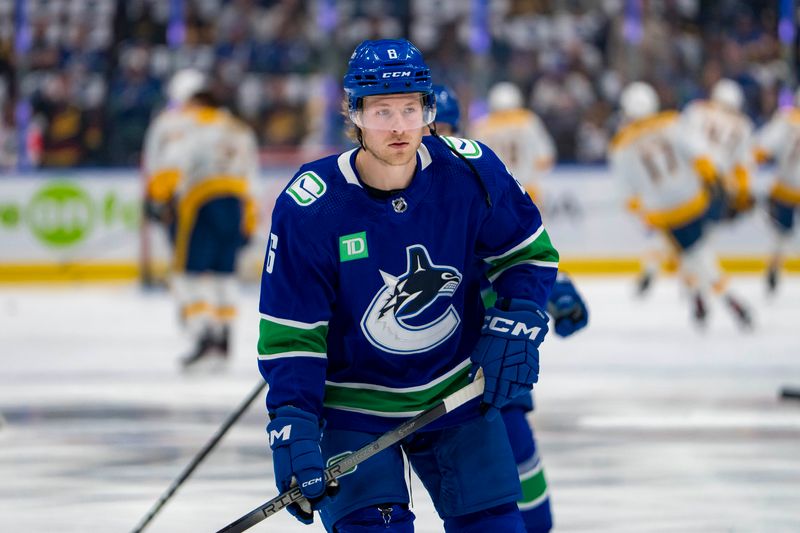 Apr 30, 2024; Vancouver, British Columbia, CAN; Vancouver Canucks forward Brock Boeser (6) skates in warm up prior to game five of the first round of the 2024 Stanley Cup Playoffs against the Nashville Predators at Rogers Arena. Mandatory Credit: Bob Frid-USA TODAY Sports
