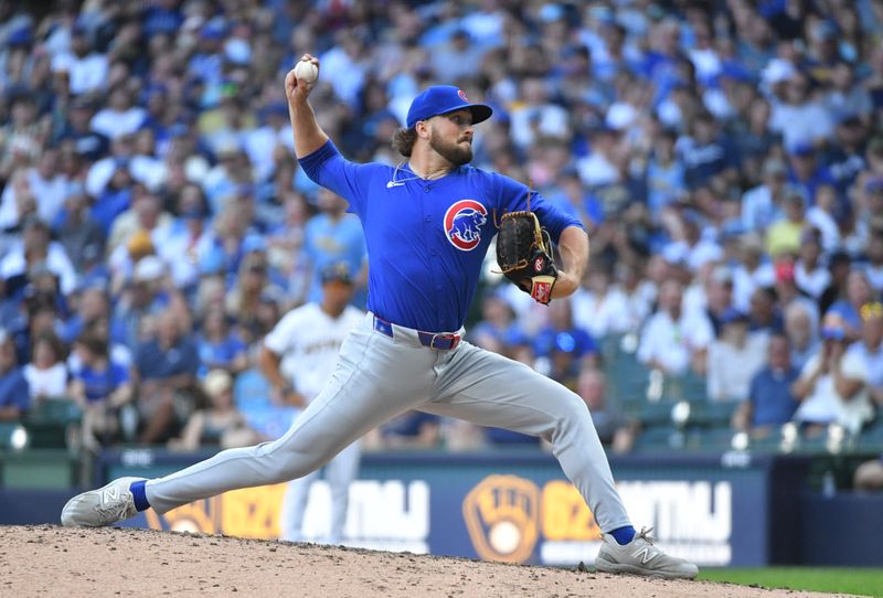 Jun 29, 2024; Milwaukee, Wisconsin, USA; Chicago Cubs pitcher Porter Hodge (37) delivers a pitch against the Milwaukee Brewers in the eighth inning at American Family Field. Mandatory Credit: Michael McLoone-USA TODAY Sports