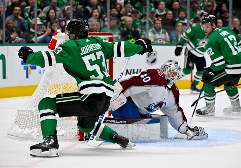 Jan 4, 2024; Dallas, Texas, USA; Dallas Stars center Wyatt Johnston (53) misses a shot against Colorado Avalanche goaltender Alexandar Georgiev (40) during the second period at the American Airlines Center. Mandatory Credit: Jerome Miron-USA TODAY Sports