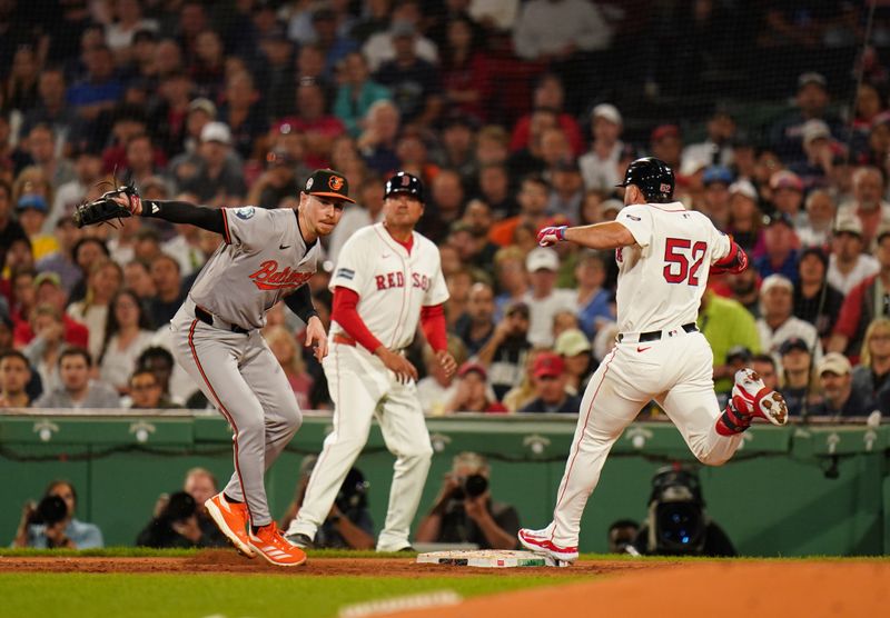 Sep 11, 2024; Boston, Massachusetts, USA; Boston Red Sox right fielder Wilyer Abreu (52) reached on infield single to third against the Baltimore Orioles in the third inning at Fenway Park. Mandatory Credit: David Butler II-Imagn Images