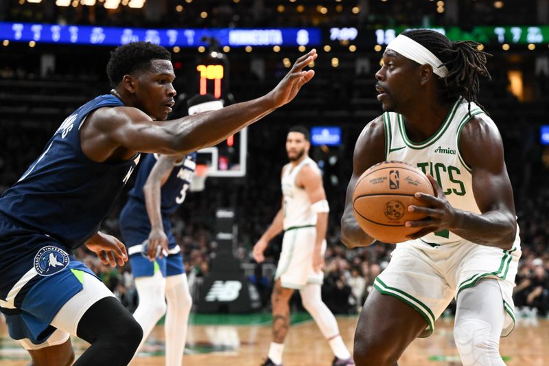 BOSTON, MASSACHUSETTS - NOVEMBER 24: Anthony Edwards #5 of the Minnesota Timberwolves defends Jrue Holiday #4 of the Boston Celtics during the first quarter at the TD Garden on November 24, 2024 in Boston, Massachusetts. NOTE TO USER: User expressly acknowledges and agrees that, by downloading and or using this photograph, User is consenting to the terms and conditions of the Getty Images License Agreement. (Photo by Brian Fluharty/Getty Images)