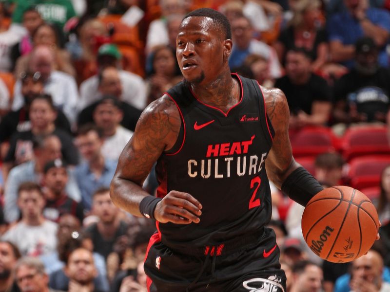 MIAMI, FL - FEBRUARY 11: Terry Rozier III #2 of the Miami Heat  dribbles the ball during the game against the Boston Celtics on February 11, 2024 at Kaseya Center in Miami, Florida. NOTE TO USER: User expressly acknowledges and agrees that, by downloading and or using this Photograph, user is consenting to the terms and conditions of the Getty Images License Agreement. Mandatory Copyright Notice: Copyright 2024 NBAE (Photo by Issac Baldizon/NBAE via Getty Images)