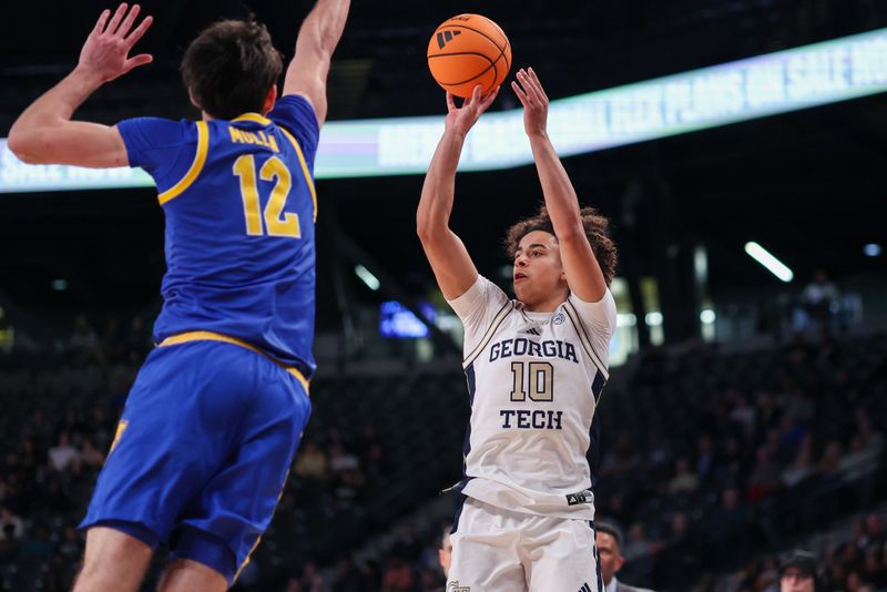 Jan 14, 2026; Atlanta, Georgia, USA; Georgia Tech Yellow Jackets guard Davi Remagen (10) shoots against the Pittsburgh Panthers in the second half at McCamish Pavilion. Mandatory Credit: Brett Davis-Imagn Images