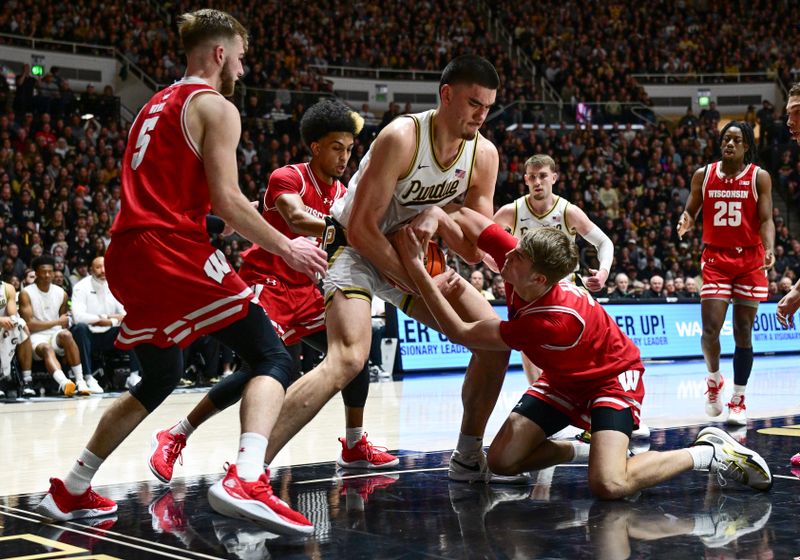Mar 10, 2024; West Lafayette, Indiana, USA; Purdue Boilermakers center Zach Edey (15) fights for a ball against Wisconsin Badgers forward Nolan Winter (31) during the second half at Mackey Arena. Mandatory Credit: Marc Lebryk-USA TODAY Sports