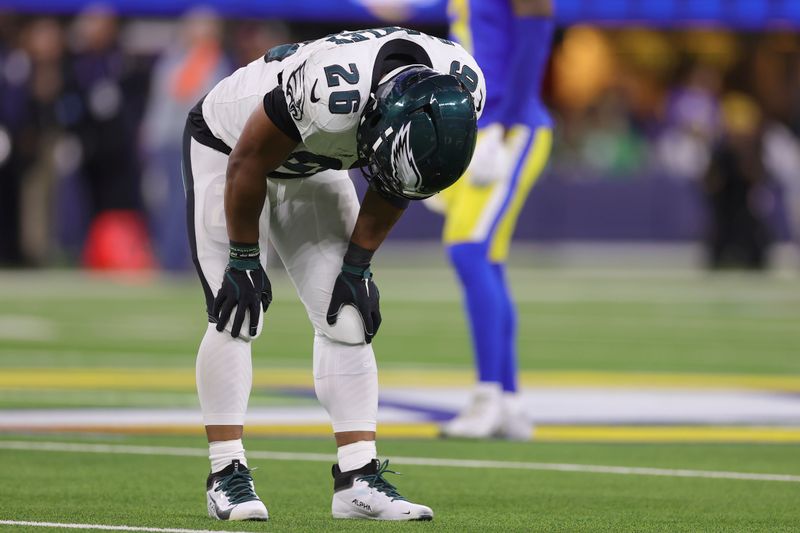 Philadelphia Eagles running back Saquon Barkley (26) reacts during the first half of an NFL football game against the Los Angeles Rams in Inglewood, Calif., Sunday, Nov. 24, 2024. (AP Photo/Ryan Sun)