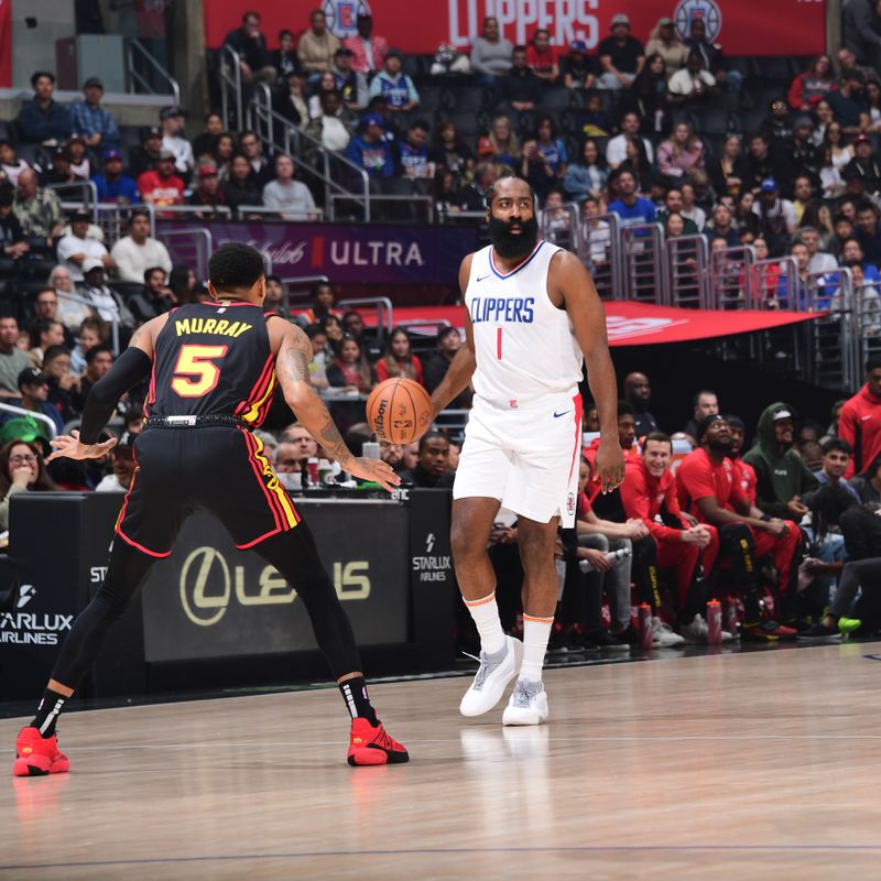 LOS ANGELES, CA - MARCH 17: James Harden #1 of the LA Clippers dribbles the ball during the game against the Atlanta Hawks on March 17, 2024 at Crypto.Com Arena in Los Angeles, California. NOTE TO USER: User expressly acknowledges and agrees that, by downloading and/or using this Photograph, user is consenting to the terms and conditions of the Getty Images License Agreement. Mandatory Copyright Notice: Copyright 2024 NBAE (Photo by Adam Pantozzi/NBAE via Getty Images)