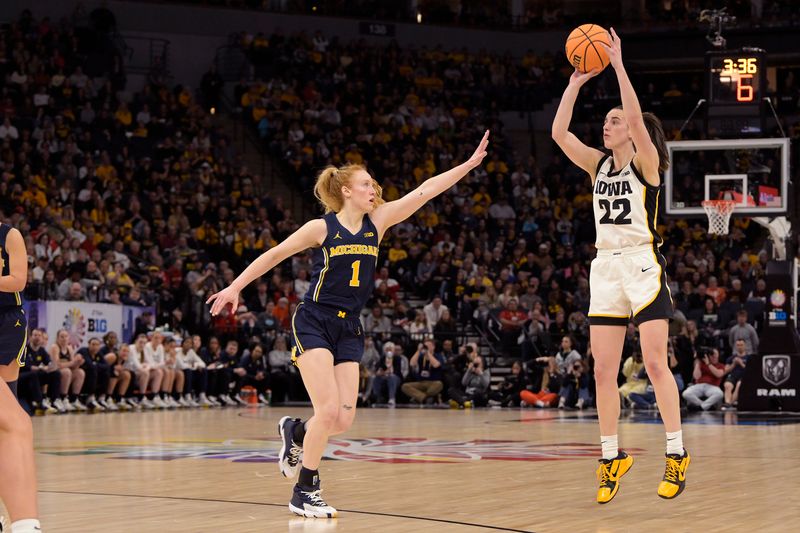 Mar 9, 2024; Minneapolis, MN, USA;  Iowa Hawkeyes guard Caitlin Clark (22) shoots a three-pointer over Michigan Wolverines guard Lauren Hansen (1) during the second half of a Big Ten Women's Basketball tournament semifinal at Target Center. Mandatory Credit: Nick Wosika-USA TODAY Sports