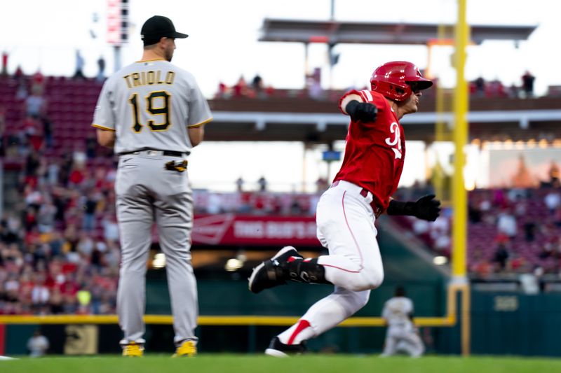 Sep 23, 2023; Cincinnati, Ohio, USA; Cincinnati Reds center fielder TJ Friedl (29) rounds third and heads home to score on an in the park home run in the second inning against the Pittsburgh Pirates at Great American Ball Park. Mandatory Credit: The Cincinnati Enquirer-USA TODAY Sports