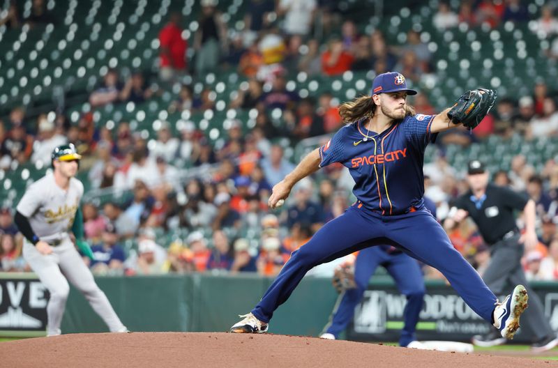 May 13, 2024; Houston, Texas, USA; Houston Astros starting pitcher Spencer Arrighetti (41) pitches against the Oakland Athletics in the first inning  at Minute Maid Park. Mandatory Credit: Thomas Shea-USA TODAY Sports