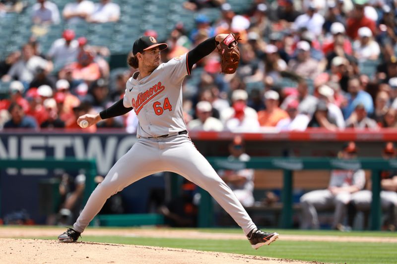 Apr 24, 2024; Anaheim, California, USA;  Baltimore Orioles pitcher Dean Kremer (64) pitches during the second inning against the Los Angeles Angels at Angel Stadium. Mandatory Credit: Kiyoshi Mio-USA TODAY Sports