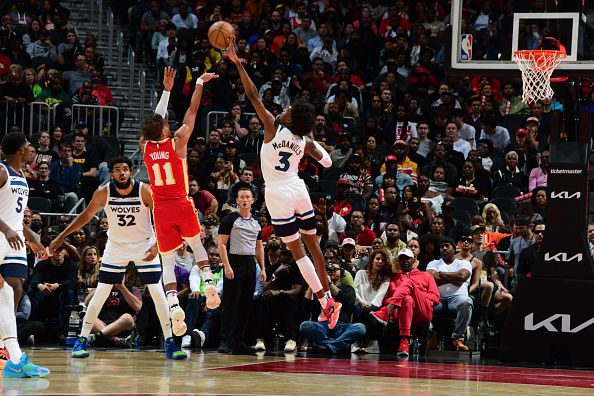 ATLANTA, GA - OCTOBER 30: Jaden McDaniels #3 of the Minnesota Timberwolves blocks a shot against the Atlanta Hawks on October 30, 2023 at State Farm Arena in Atlanta, Georgia.  NOTE TO USER: User expressly acknowledges and agrees that, by downloading and/or using this Photograph, user is consenting to the terms and conditions of the Getty Images License Agreement. Mandatory Copyright Notice: Copyright 2023 NBAE (Photo by Scott Cunningham/NBAE via Getty Images)