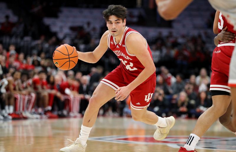 Feb 6, 2024; Columbus, Ohio, USA; Indiana Hoosiers guard Trey Galloway (32) dribbles during the first half against the Ohio State Buckeyes at Value City Arena. Mandatory Credit: Joseph Maiorana-USA TODAY Sports