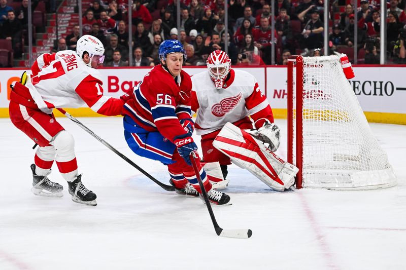 Dec 2, 2023; Montreal, Quebec, CAN; Montreal Canadiens right wing Jesse Ylonen (56) misses a shot on Detroit Red Wings goalie Ville Husso (35) during the first period at Bell Centre. Mandatory Credit: David Kirouac-USA TODAY Sports