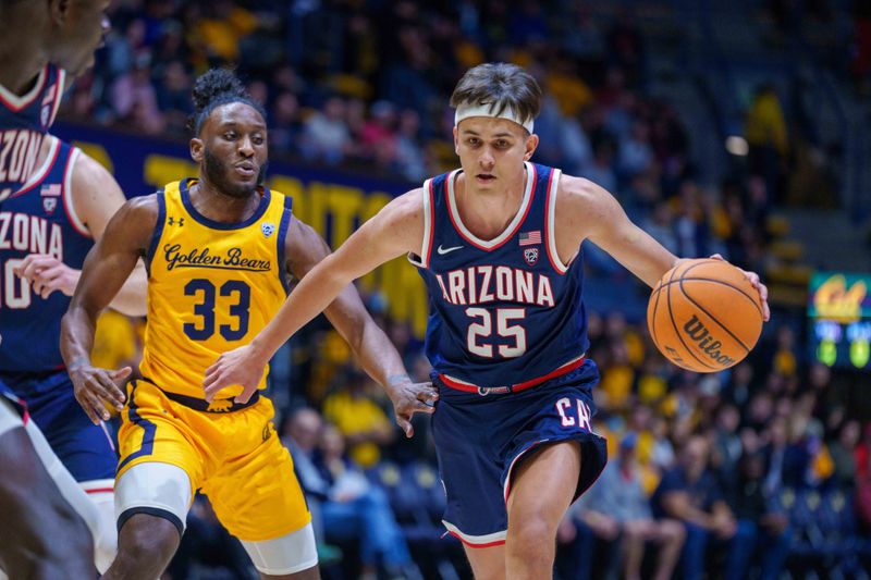 Feb 11, 2023; Berkeley, California, USA; Arizona Wildcats guard Kerr Kriisa (25) brings the ball up court against California Golden Bears guard DeJuan Clayton (33) during the first half at Haas Pavilion. Mandatory Credit: Neville E. Guard-USA TODAY Sports