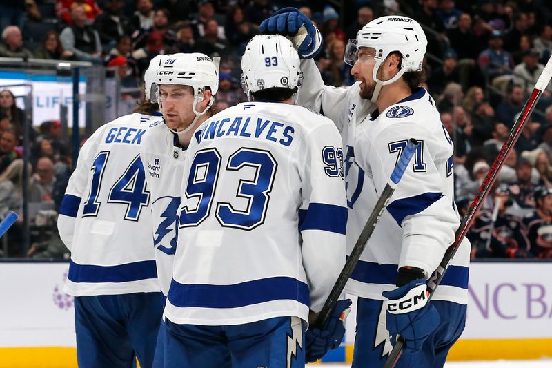 Nov 21, 2024; Columbus, Ohio, USA; Tampa Bay Lightning center Gage Goncalves (93) celebrates his goal against the Columbus Blue Jackets during the third period at Nationwide Arena. Mandatory Credit: Russell LaBounty-Imagn Images