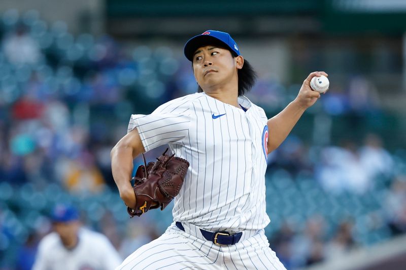 May 7, 2024; Chicago, Illinois, USA; Chicago Cubs starting pitcher Shota Imanaga (18) delivers a pitch against the San Diego Padres during the first inning at Wrigley Field. Mandatory Credit: Kamil Krzaczynski-USA TODAY Sports