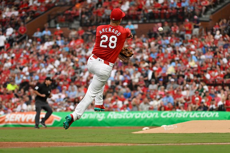 Jun 28, 2024; St. Louis, Missouri, USA; St. Louis Cardinals third baseman Nolan Arenado (28) makes a throw to first for an out against the Cincinnati Reds during the third inning at Busch Stadium. Mandatory Credit: Jeff Le-USA TODAY Sports