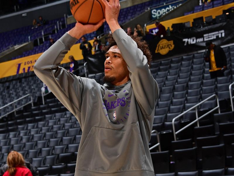 LOS ANGELES, CA - JANUARY 2: Jaxson Hayes #11 of the Los Angeles Lakers warms up before the game against the Portland Trail Blazers on January 2, 2025 at Crypto.Com Arena in Los Angeles, California. NOTE TO USER: User expressly acknowledges and agrees that, by downloading and/or using this Photograph, user is consenting to the terms and conditions of the Getty Images License Agreement. Mandatory Copyright Notice: Copyright 2025 NBAE (Photo by Adam Pantozzi/NBAE via Getty Images)