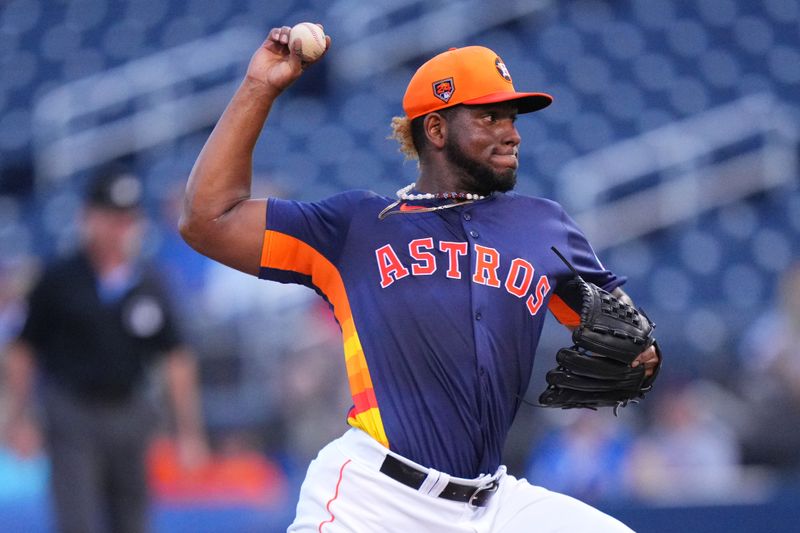 Feb 29, 2024; West Palm Beach, Florida, USA;  Houston Astros starting pitcher Ronel Blanco (56) pitches in the first inning against the New York Mets at The Ballpark of the Palm Beaches. Mandatory Credit: Jim Rassol-USA TODAY Sports