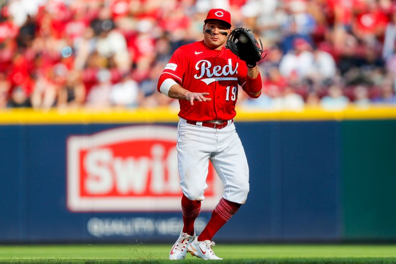 Jun 24, 2023; Cincinnati, Ohio, USA; Cincinnati Reds first baseman Joey Votto (19) grounds the ball hit by Atlanta Braves first baseman Matt Olson (not pictured) in the seventh inning at Great American Ball Park. Mandatory Credit: Katie Stratman-USA TODAY Sports