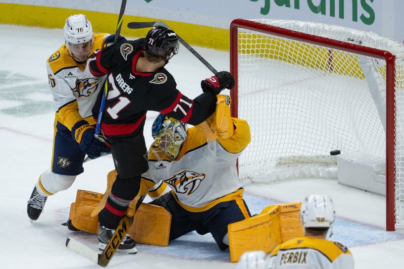 Oct 13, 2025; Ottawa, Ontario, CAN; Ottawa Senators center Ridly Greig (71) scores against Nashville Predators goalie Juuse Saros (74) in the third period at the Canadian Tire Centre. Mandatory Credit: Marc DesRosiers-IMAGN Images