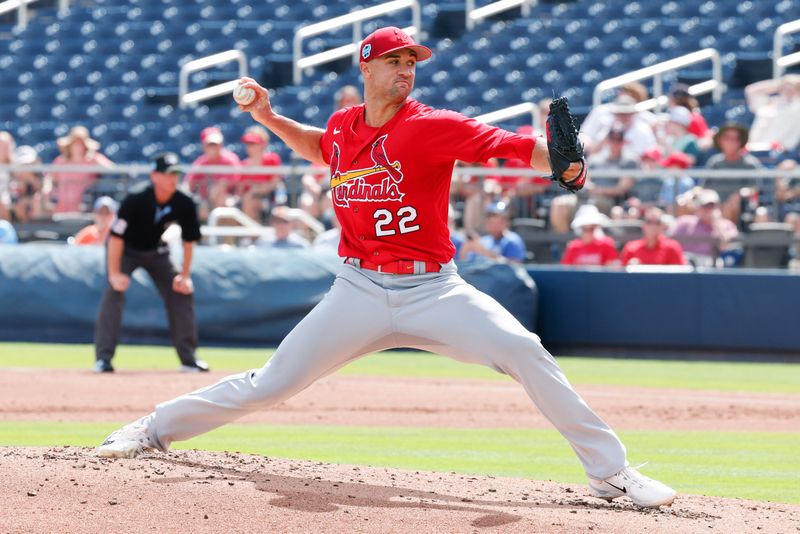 Mar 26, 2023; West Palm Beach, Florida, USA;  St. Louis Cardinals starting pitcher Jack Flaherty (22) throws a pitch during the first inning against the Houston Astros at The Ballpark of the Palm Beaches. Mandatory Credit: Reinhold Matay-USA TODAY Sports