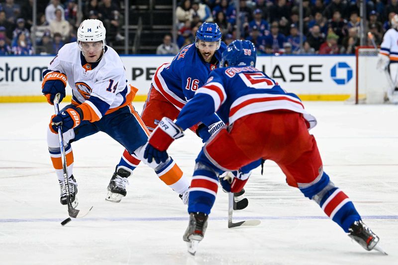 Apr 13, 2024; New York, New York, USA;  New York Islanders center Bo Horvat (14) skates across the blue line defended by New York Rangers defenseman Erik Gustafsson (56) during the third period at Madison Square Garden. Mandatory Credit: Dennis Schneidler-USA TODAY Sports