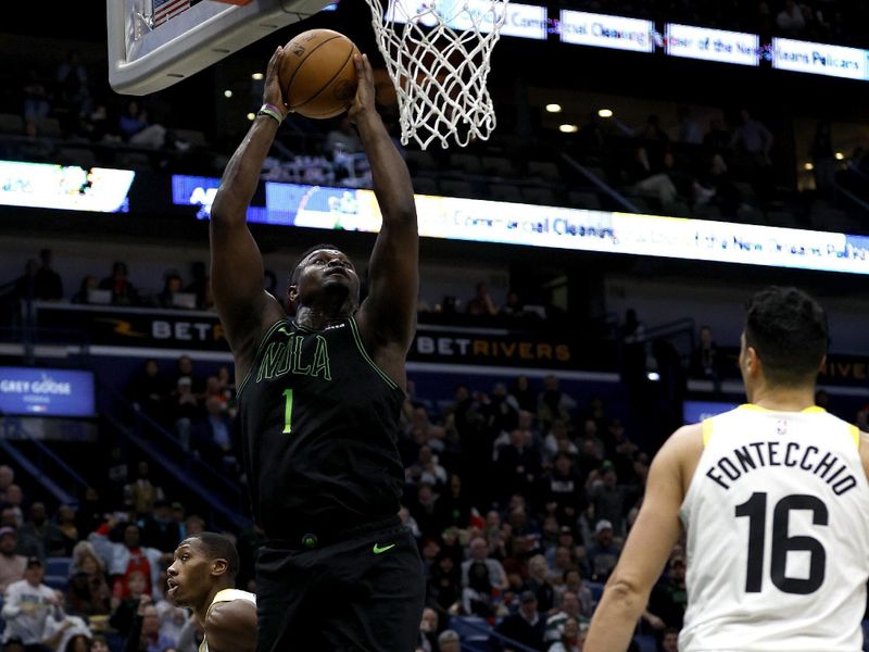 NEW ORLEANS, LOUISIANA - JANUARY 23: Zion Williamson #1 of the New Orleans Pelicans dunks the ball during the third quarter an NBA game against the Utah Jazz at Smoothie King Center on January 23, 2024 in New Orleans, Louisiana. NOTE TO USER: User expressly acknowledges and agrees that, by downloading and or using this photograph, User is consenting to the terms and conditions of the Getty Images License Agreement. (Photo by Sean Gardner/Getty Images)