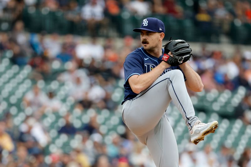 Sep 26, 2024; Detroit, Michigan, USA;  Tampa Bay Rays pitcher Tyler Alexander (14) pitches in the first inning against the Detroit Tigers at Comerica Park. Mandatory Credit: Rick Osentoski-Imagn Images