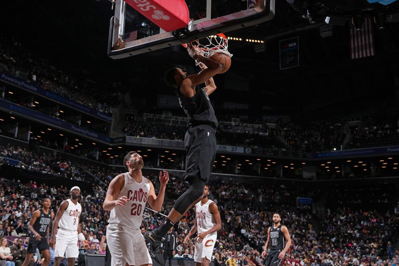 BROOKLYN, NY - FEBRUARY 8: Mikal Bridges #1 of the Brooklyn Nets dunks the ball during the game against the Cleveland Cavaliers on February 8, 2024 at Barclays Center in Brooklyn, New York. NOTE TO USER: User expressly acknowledges and agrees that, by downloading and or using this Photograph, user is consenting to the terms and conditions of the Getty Images License Agreement. Mandatory Copyright Notice: Copyright 2024 NBAE (Photo by Jesse D. Garrabrant/NBAE via Getty Images)