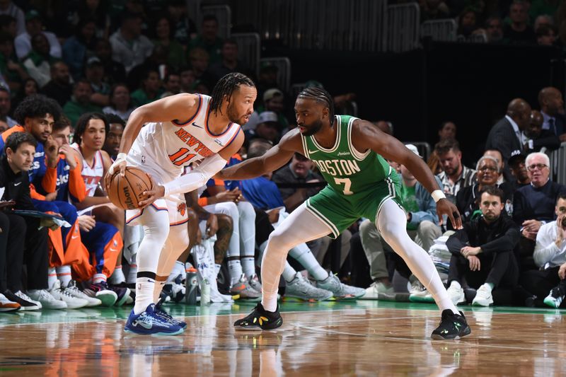 BOSTON, MA - OCTOBER 22: Jalen Brunson #11 of the New York Knicks handles the ball during the game against the Boston Celtics on October 22, 2024 at TD Garden in Boston, Massachusetts. NOTE TO USER: User expressly acknowledges and agrees that, by downloading and/or using this Photograph, user is consenting to the terms and conditions of the Getty Images License Agreement. Mandatory Copyright Notice: Copyright 2024 NBAE (Photo by Brian Babineau/NBAE via Getty Images)