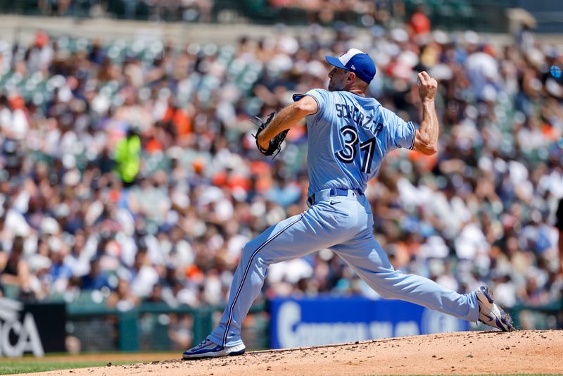 Jul 27, 2025; Detroit, Michigan, USA;  Toronto Blue Jays pitcher Max Scherzer (31) pitches in the first inning against the Detroit Tigers at Comerica Park. Mandatory Credit: Rick Osentoski-Imagn Images