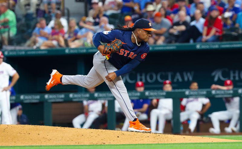 Aug 6, 2024; Arlington, Texas, USA;  Houston Astros starting pitcher Framber Valdez (59) throws during the third inning against the Texas Rangers at Globe Life Field. Mandatory Credit: Kevin Jairaj-USA TODAY Sports