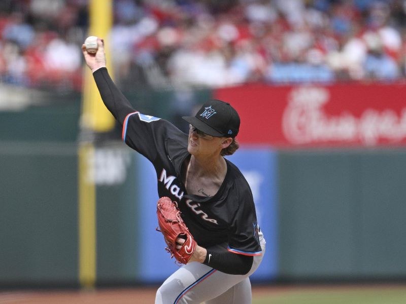 Apr 7, 2024; St. Louis, Missouri, USA; Miami Marlins starting pitcher Max Meyer (23) pitches against the St. Louis Cardinals in the first inning during the game at Busch Stadium. Mandatory Credit: Jeff Le-USA TODAY Sports