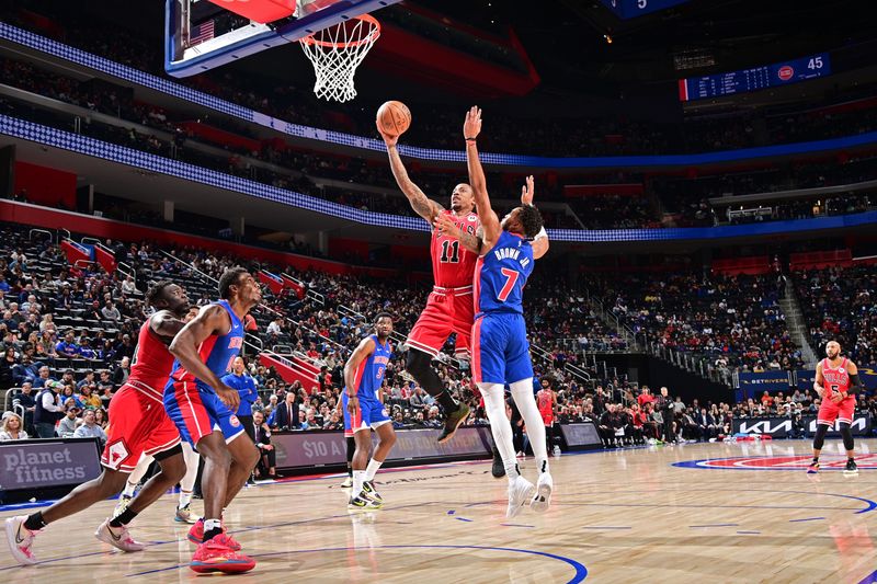 DETROIT, MI - APRIL 11: DeMar DeRozan #11 of the Chicago Bulls shoots the ball during the game against the Detroit Pistons on April 11, 2024 at Little Caesars Arena in Detroit, Michigan. NOTE TO USER: User expressly acknowledges and agrees that, by downloading and/or using this photograph, User is consenting to the terms and conditions of the Getty Images License Agreement. Mandatory Copyright Notice: Copyright 2024 NBAE (Photo by Chris Schwegler/NBAE via Getty Images)