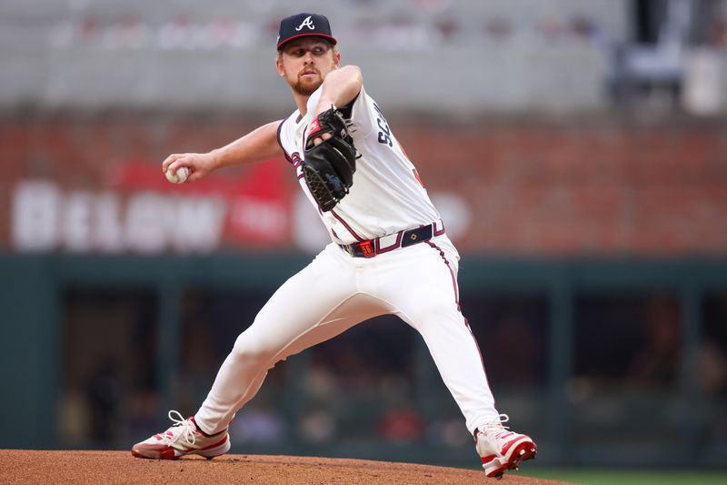 Apr 10, 2025; Atlanta, Georgia, USA; Atlanta Braves starting pitcher Spencer Schwellenbach (56) throws against the Philadelphia Phillies in the first inning at Truist Park. Mandatory Credit: Brett Davis-Imagn Images
