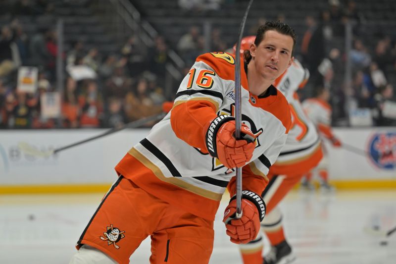 Dec 27, 2025; Los Angeles, California, USA;  Anaheim Ducks center Ryan Strome (16) warms up prior to the game against the Los Angeles Kings at Crypto.com Arena. Mandatory Credit: Jayne Kamin-Oncea-Imagn Images